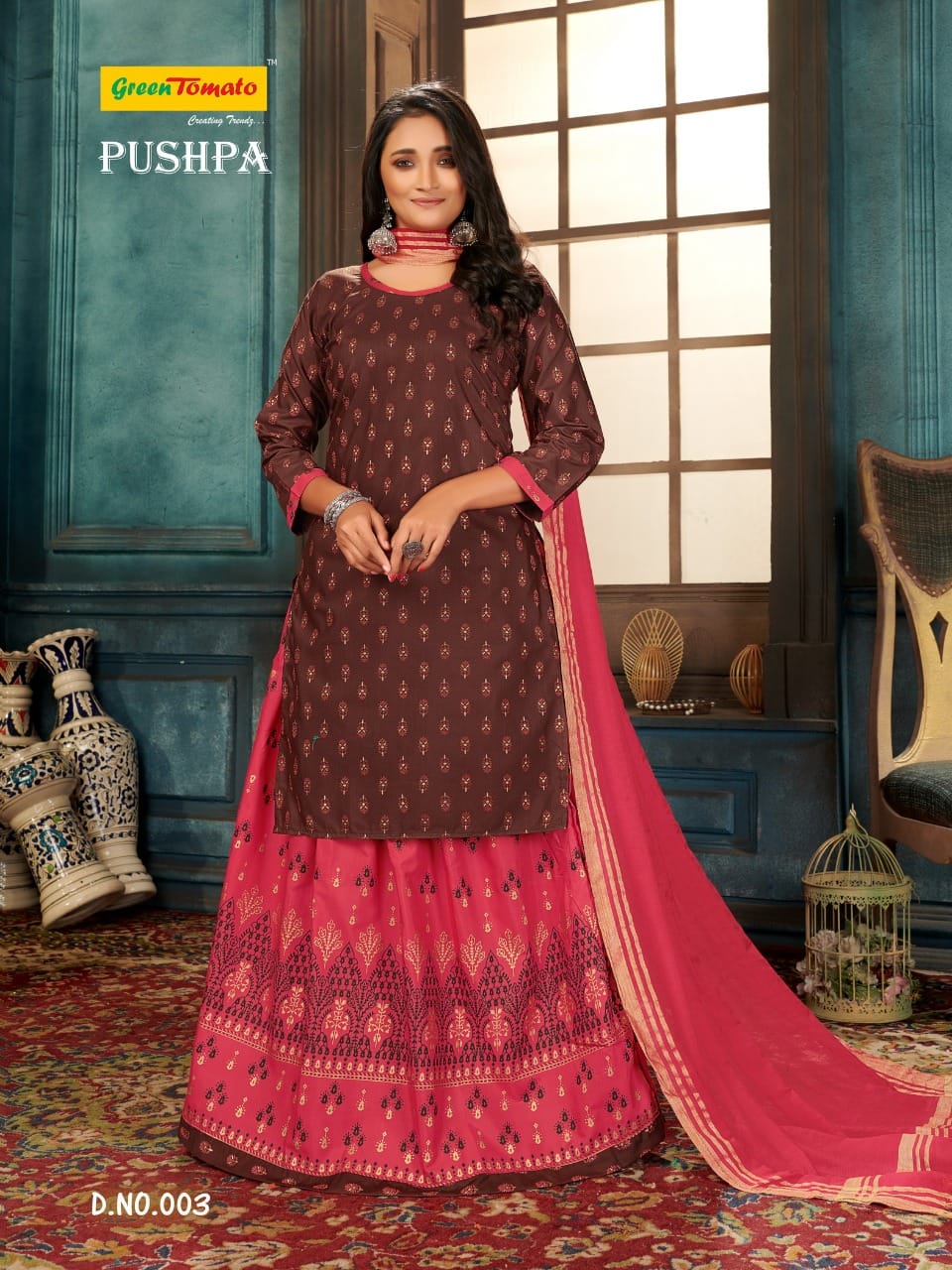 Pushpa Green Tomato Cotton Readymade Skirt Style Suits Supplier India