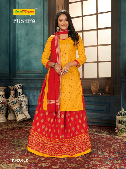 Pushpa Green Tomato Cotton Readymade Skirt Style Suits Supplier India