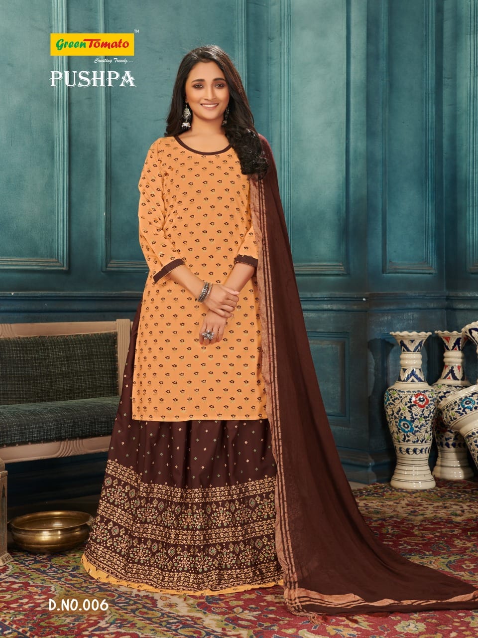 Pushpa Green Tomato Cotton Readymade Skirt Style Suits Supplier India