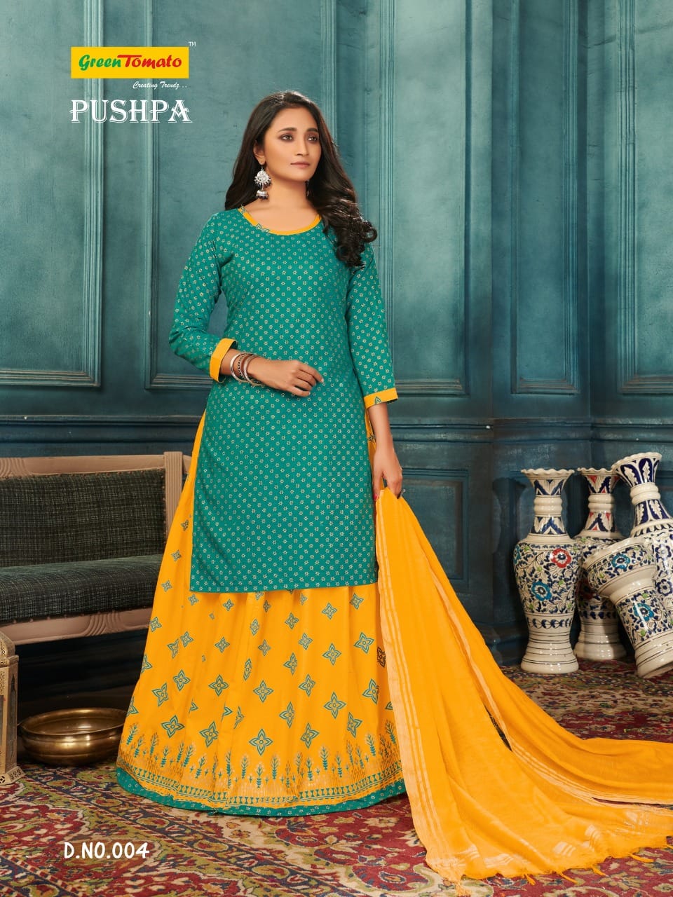 Pushpa Green Tomato Cotton Readymade Skirt Style Suits Supplier India