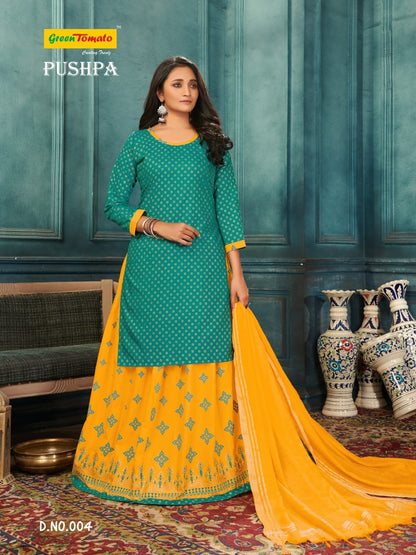 Pushpa Green Tomato Cotton Readymade Skirt Style Suits Supplier India