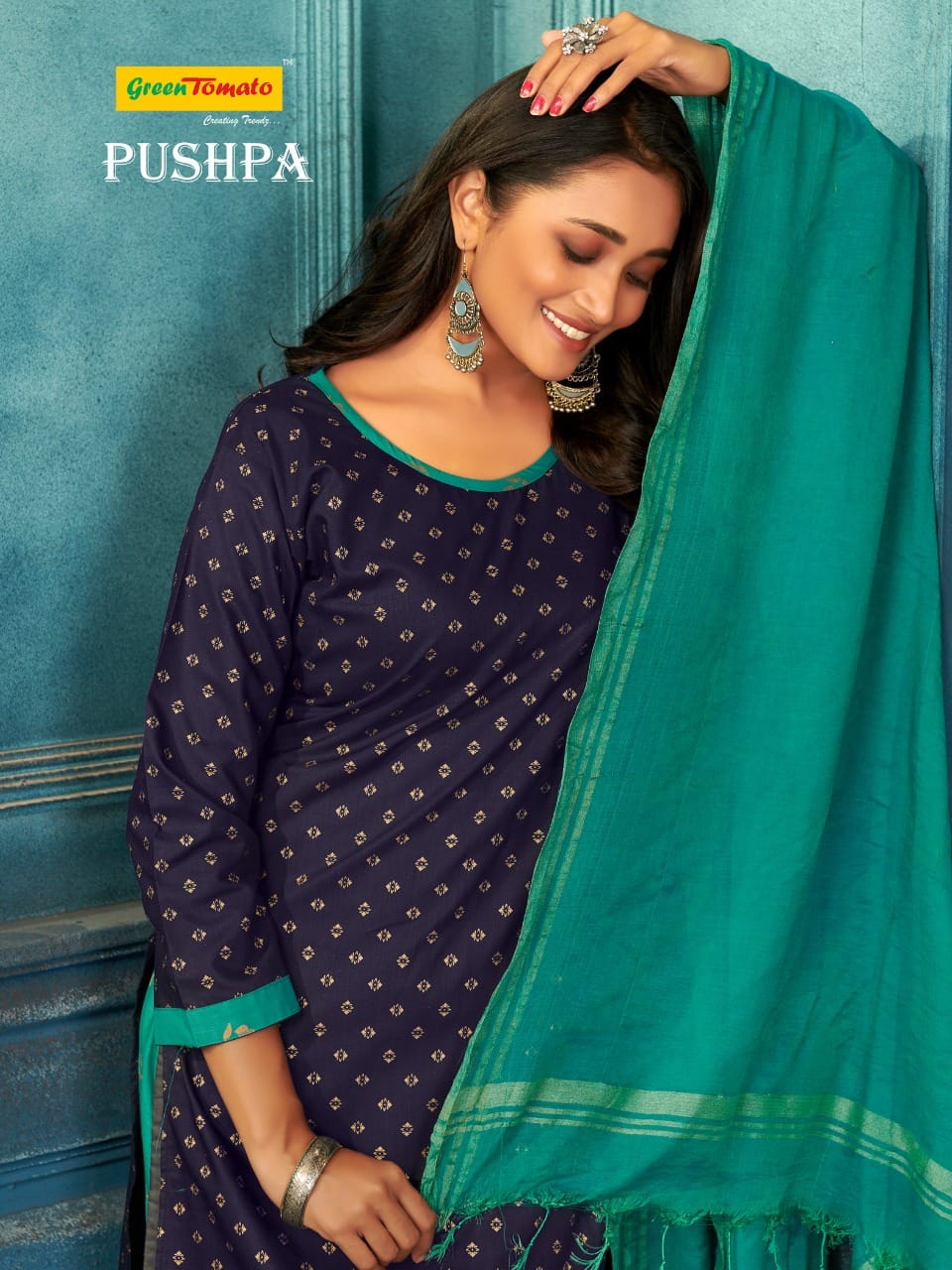 Pushpa Green Tomato Cotton Readymade Skirt Style Suits Supplier India