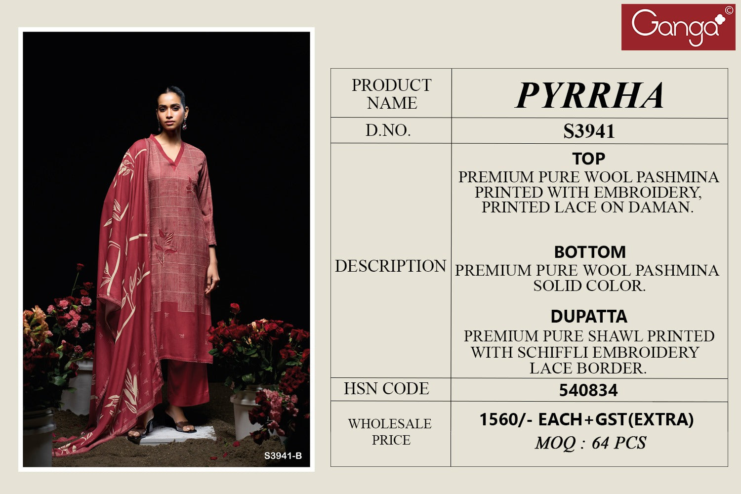 Pyrrha 3941 Ganga Wool Pashmina Suits Wholesale Rate