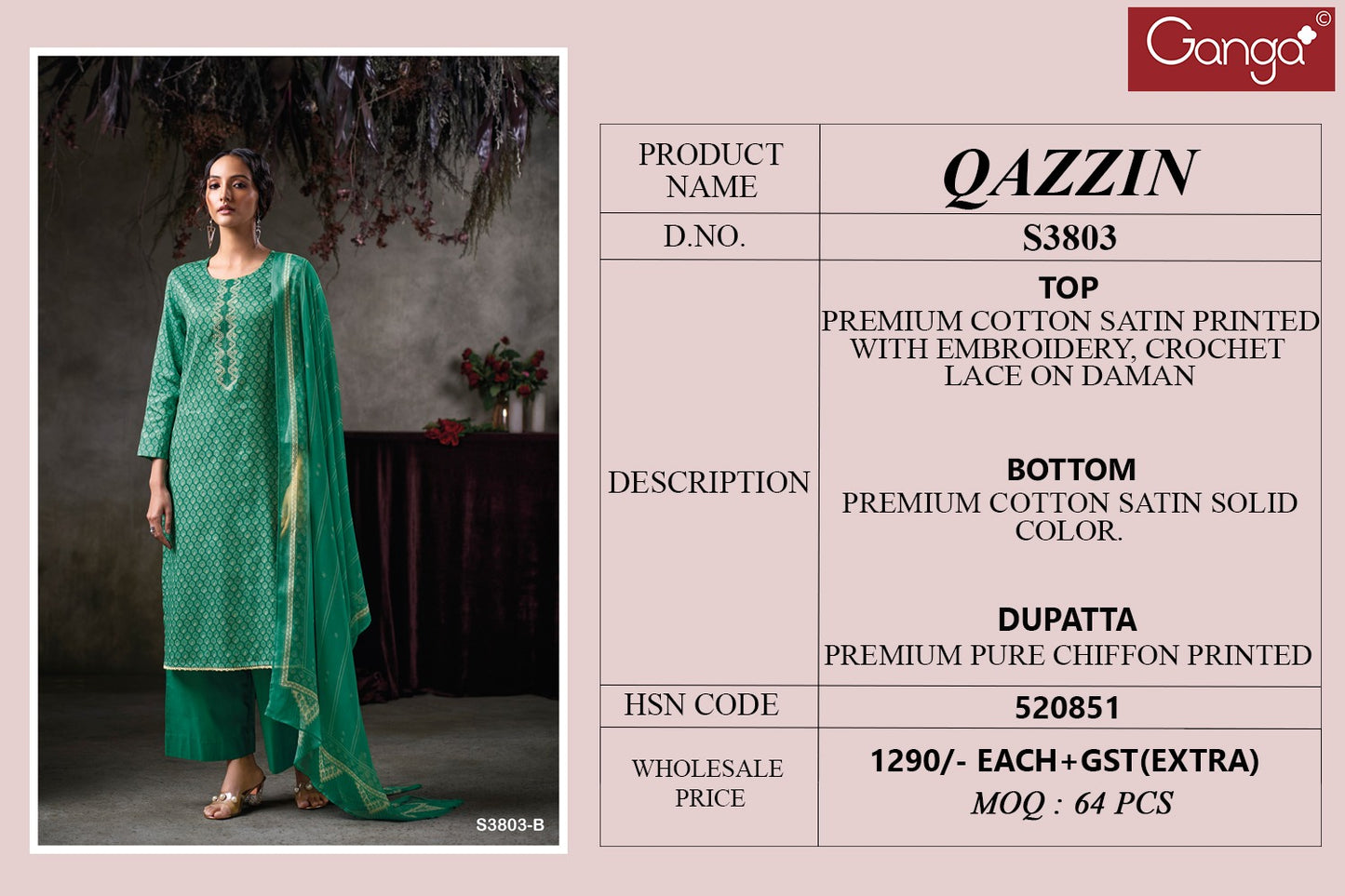 Qazzin 3803 Ganga Premium Cotton Plazzo Style Suits Manufacturer