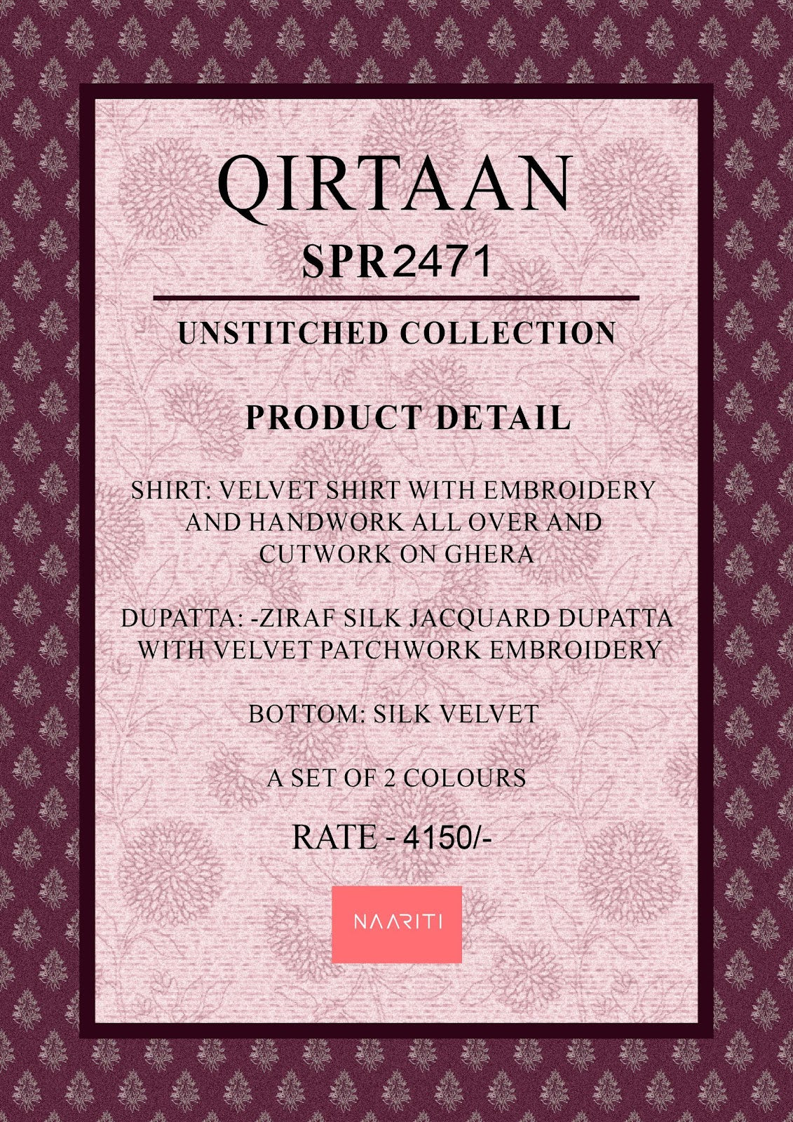 Qirtaan Naariti Velvet Suits Wholesale Price
