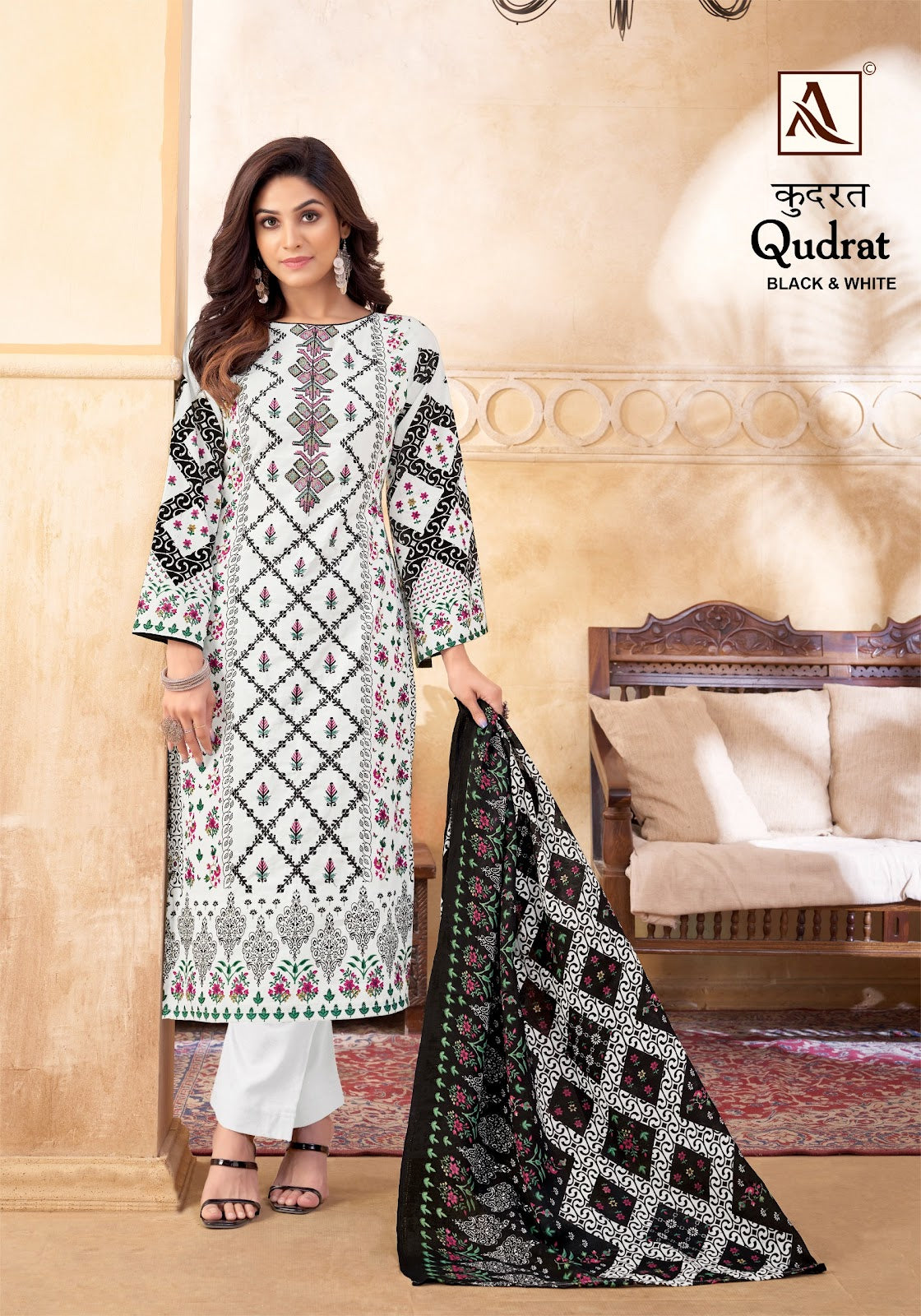 Qudrat Black-White Alok Cambric Cotton Karachi Salwar Suits Manufacturer India