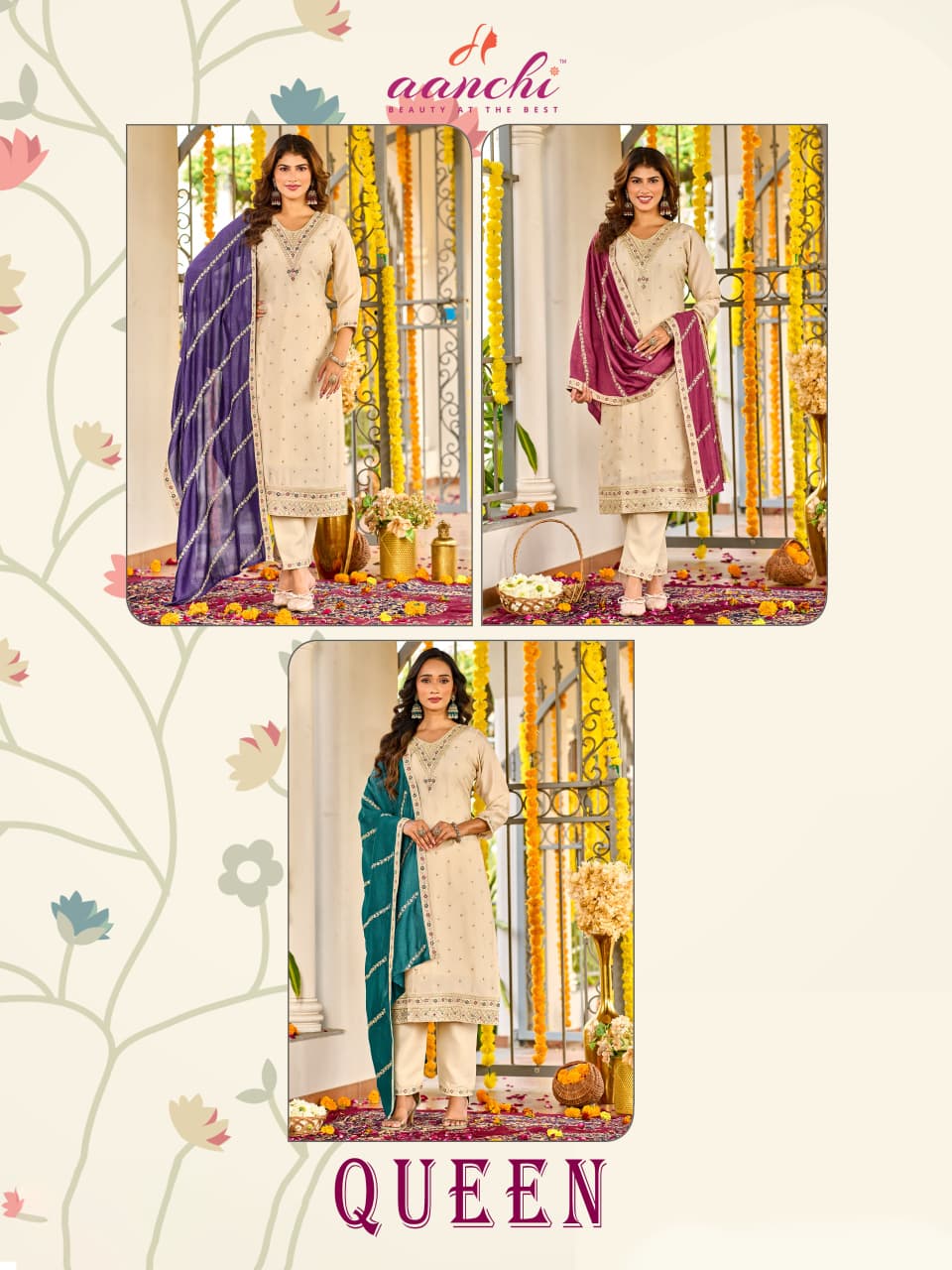 Queen Aanchi Vichitra Silk Readymade Pant Style Suits Wholesale