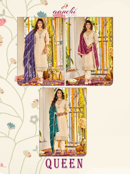 Queen Aanchi Vichitra Silk Readymade Pant Style Suits Wholesale