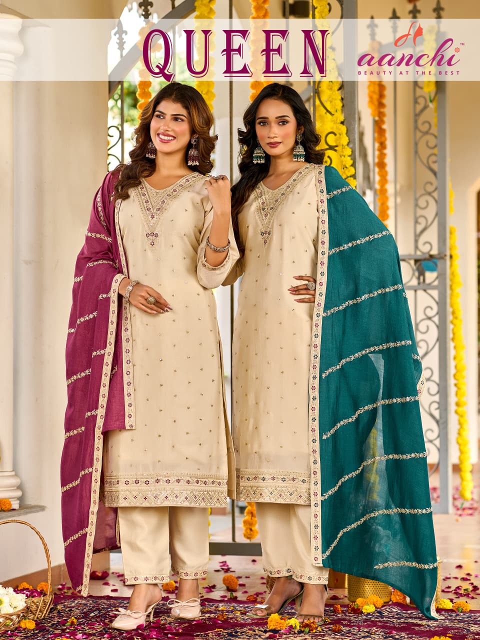 Queen Aanchi Vichitra Silk Readymade Pant Style Suits Wholesale