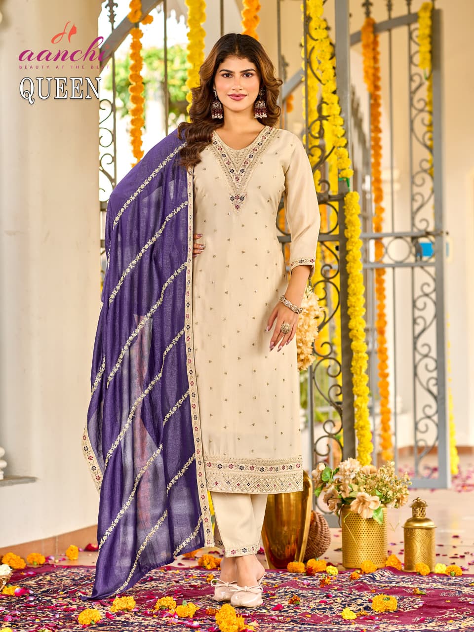 Queen Aanchi Vichitra Silk Readymade Pant Style Suits Wholesale