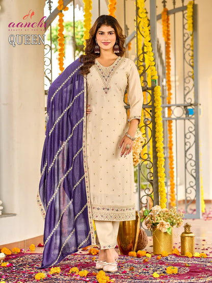 Queen Aanchi Vichitra Silk Readymade Pant Style Suits Wholesale