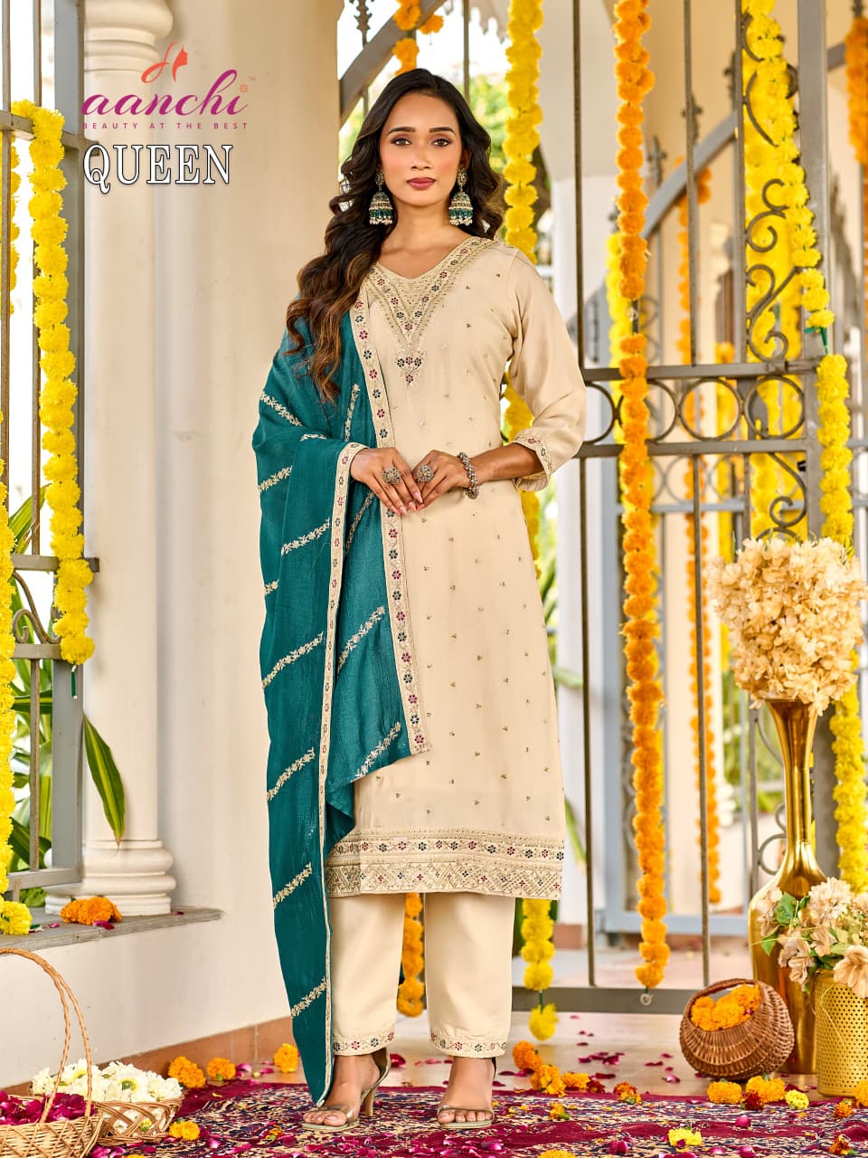 Queen Aanchi Vichitra Silk Readymade Pant Style Suits Wholesale