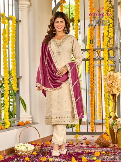 Queen Aanchi Vichitra Silk Readymade Pant Style Suits Wholesale
