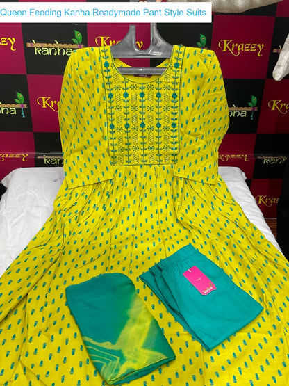 Queen Feeding Kanha Heavy Reyon Readymade Pant Style Suits Exporter India