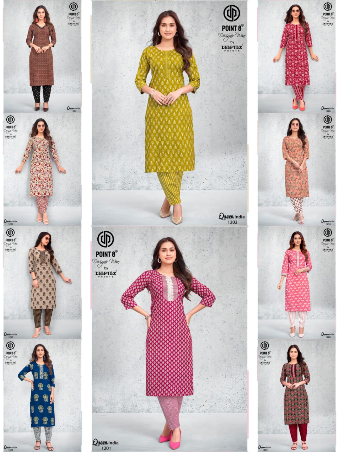 Queen India Vol 12 Point 8 Deeptex Prints Cotton Kurti Pant Set Supplier Ahmedabad