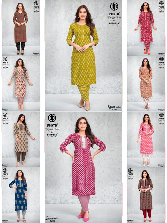 Queen India Vol 12 Point 8 Deeptex Prints Cotton Kurti Pant Set Supplier Ahmedabad
