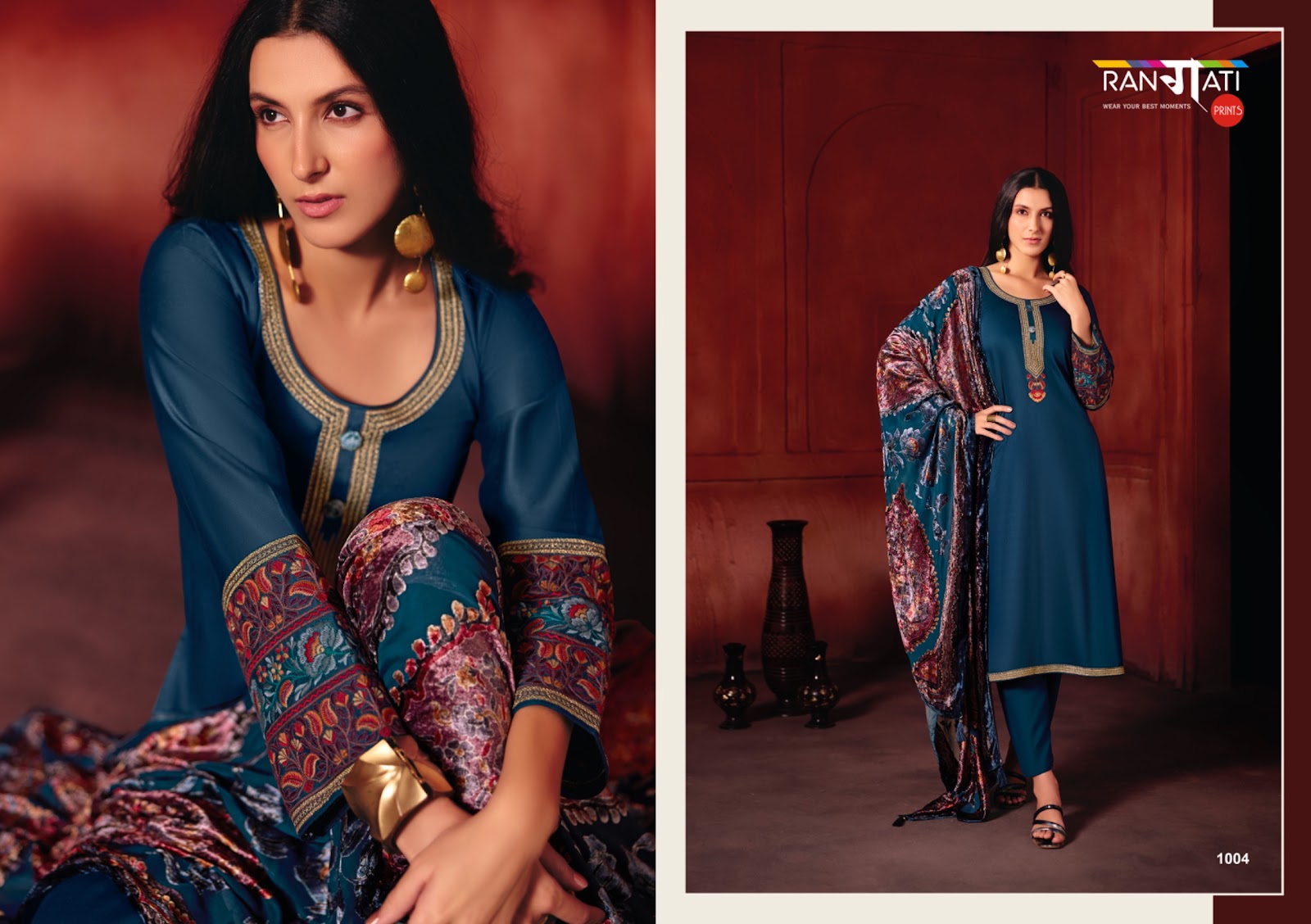 Queen Rangati Prints Pashmina Suits Exporter