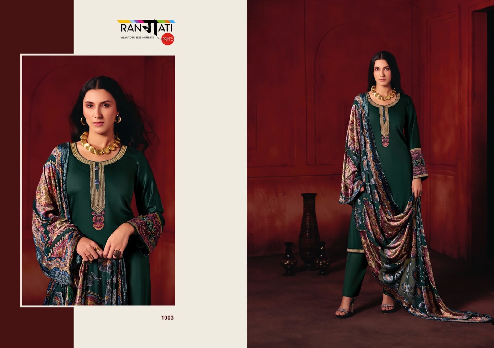 Queen Rangati Prints Pashmina Suits Exporter