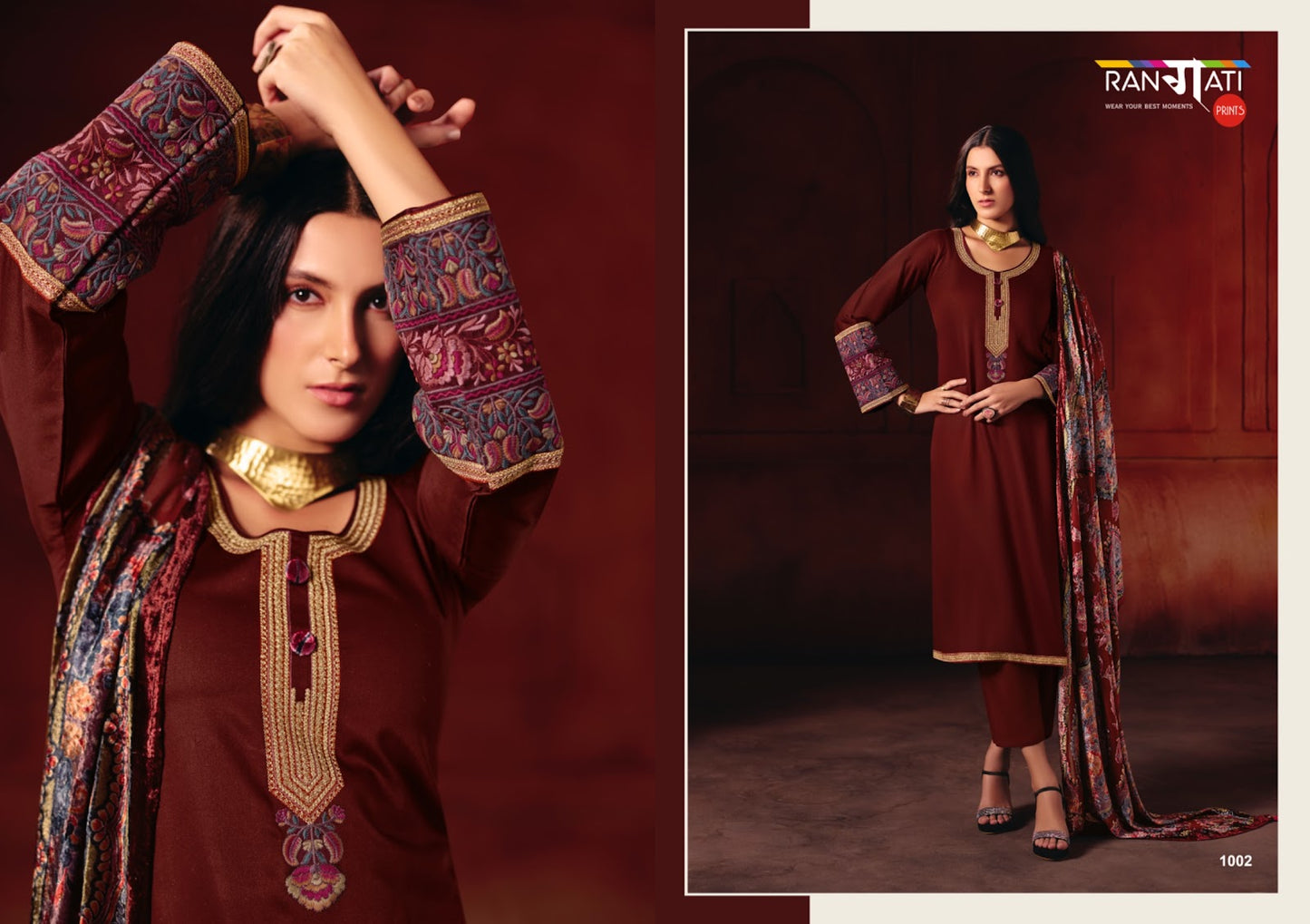 Queen Rangati Prints Pashmina Suits Exporter