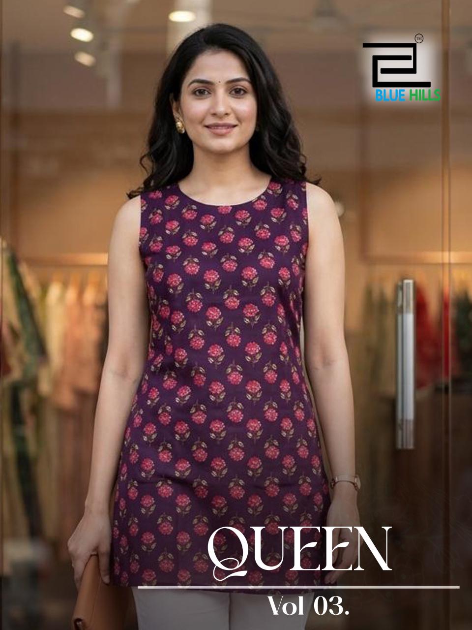 Queen Vol 3 Blue Hills Cotton Short Kurtis Wholesale Price