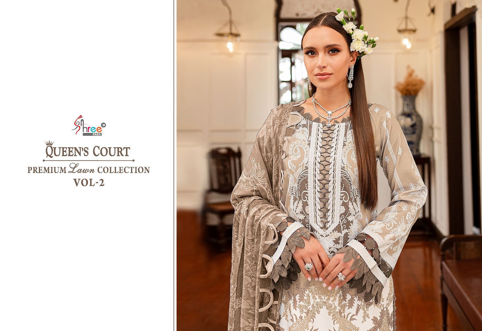 Queens Court Premium Lawn Collection Vol 2 Shree Fabs Cotton Pakistani Patch Work Suits Wholesaler India