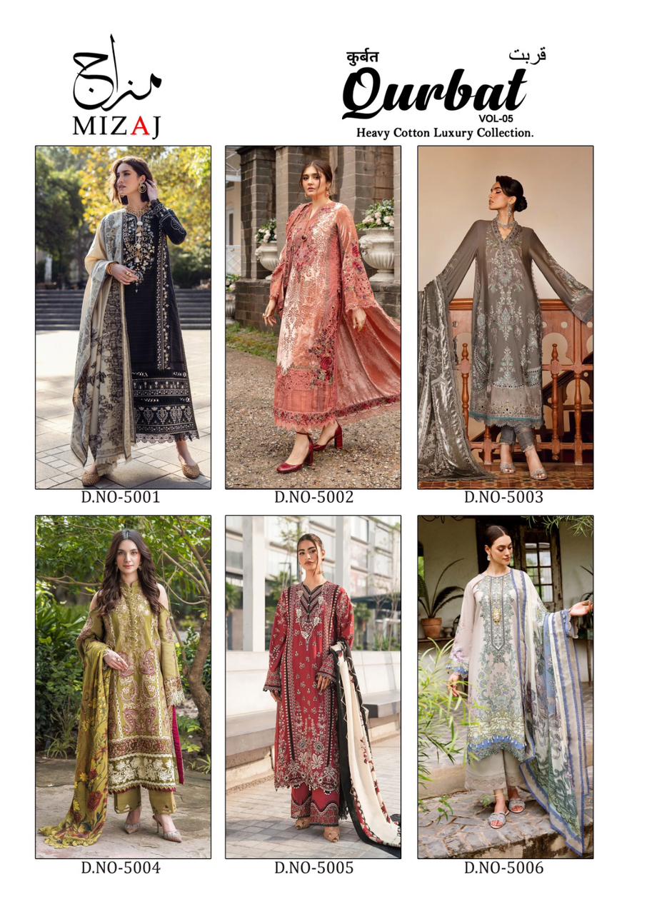 Qurbat Vol 5 Heavy Cotton Luxury Collection Mizaj Karachi Salwar Suits Exporter