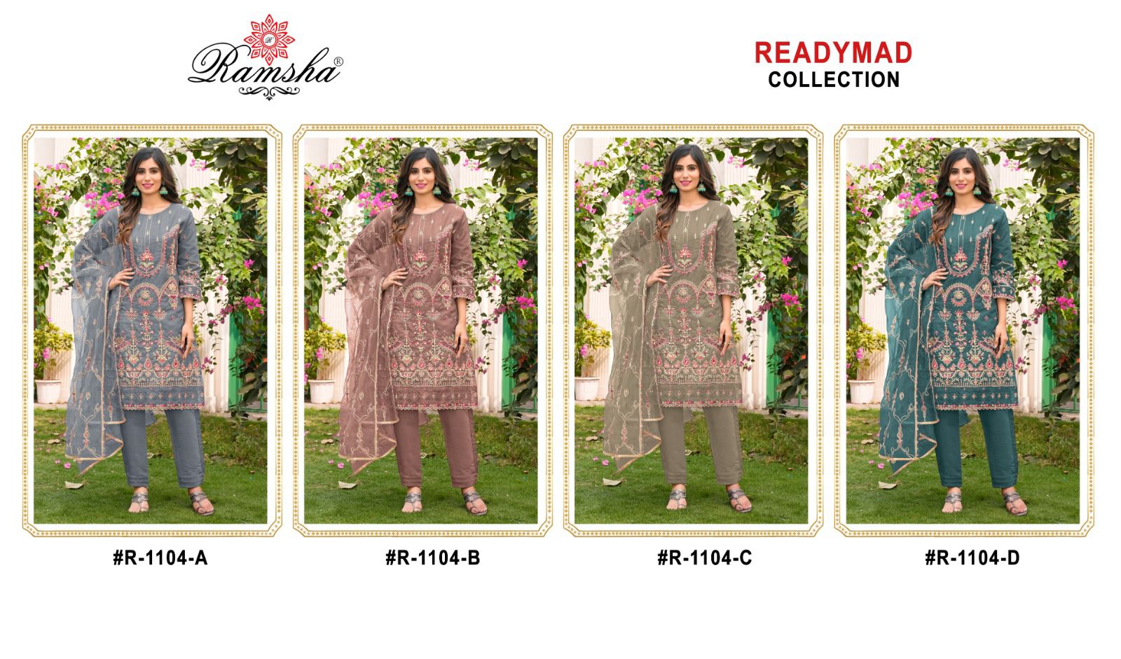R 1104 Ramsha Organza Pakistani Readymade Suits Exporter Ahmedabad