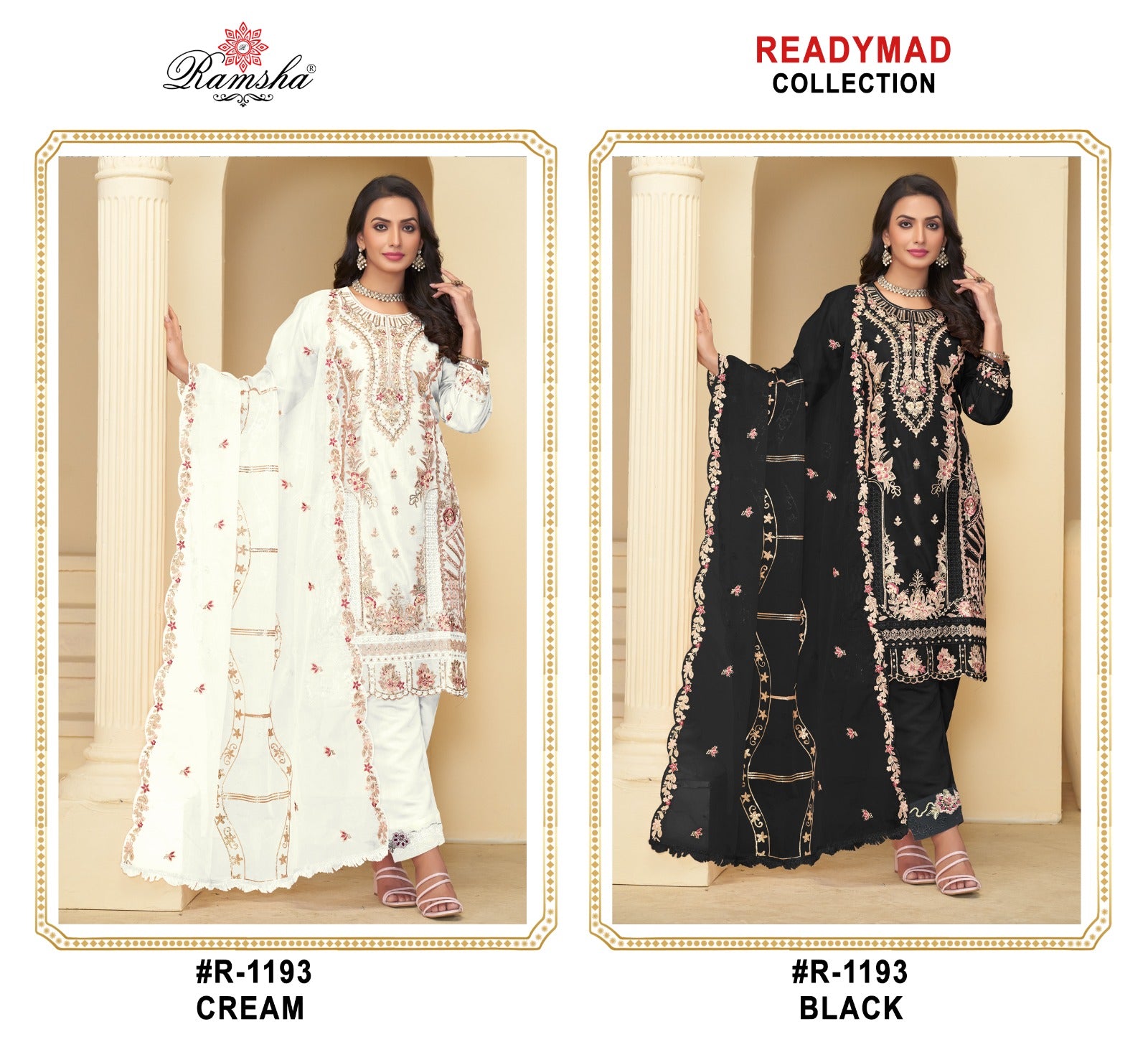 R 1193 Cream-Black Ramsha Georgette Pakistani Readymade Suits Wholesaler Ahmedabad