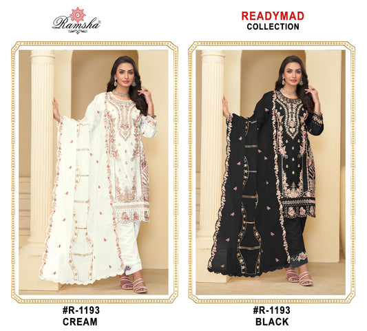 R 1193 Cream-Black Ramsha Georgette Pakistani Readymade Suits Wholesaler Ahmedabad