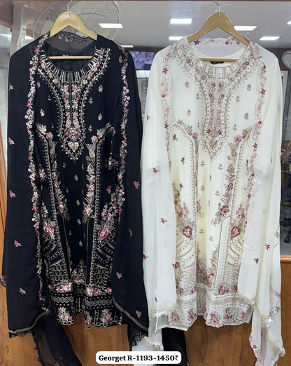 R 1193 Cream-Black Ramsha Georgette Pakistani Readymade Suits Wholesaler Ahmedabad