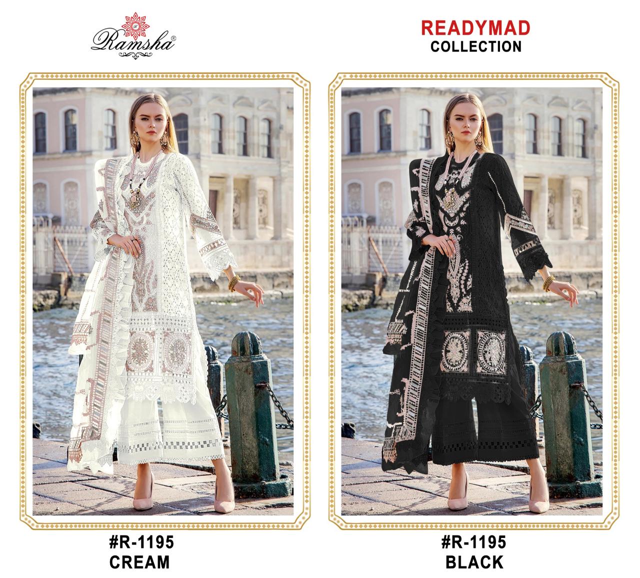 R 1195 Cream-Black Ramsha Georgette Pakistani Readymade Suits Exporter Gujarat