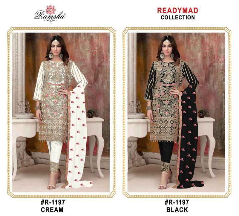 R 1197 Cream-Black Ramsha Georgette Pakistani Readymade Suits Wholesaler Gujarat