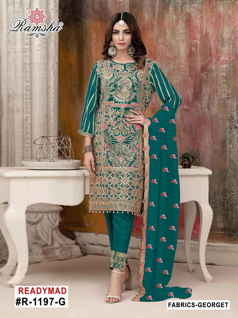 R 1197 Ramsha Georgette Pakistani Readymade Suits Exporter India