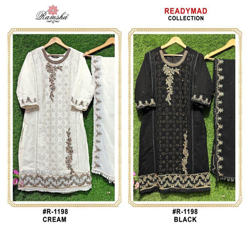 R 1198 Cream-Black Ramsha Georgette Pakistani Readymade Suits Wholesale Price