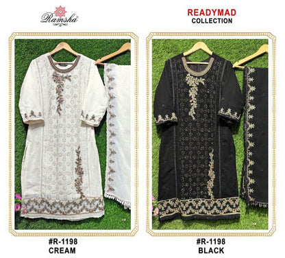 R 1198 Cream-Black Ramsha Georgette Pakistani Readymade Suits Wholesale Price