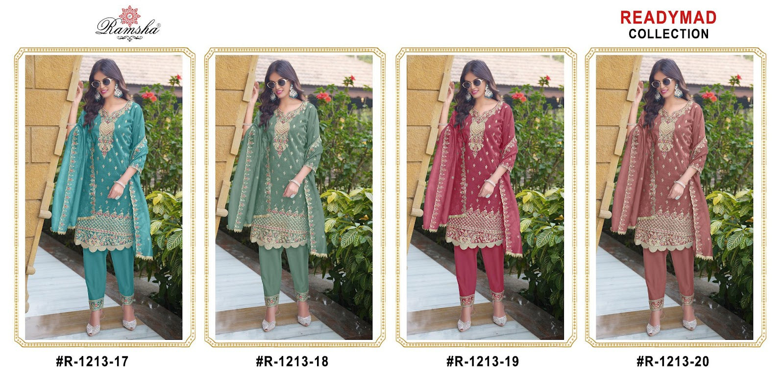 R 1213-17-20 Abcd Ramsha Simmer Pakistani Readymade Suits Wholesale Rate