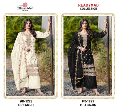 R 1229 Cream-Black Ramsha Simmer Pakistani Readymade Suits Supplier Gujarat