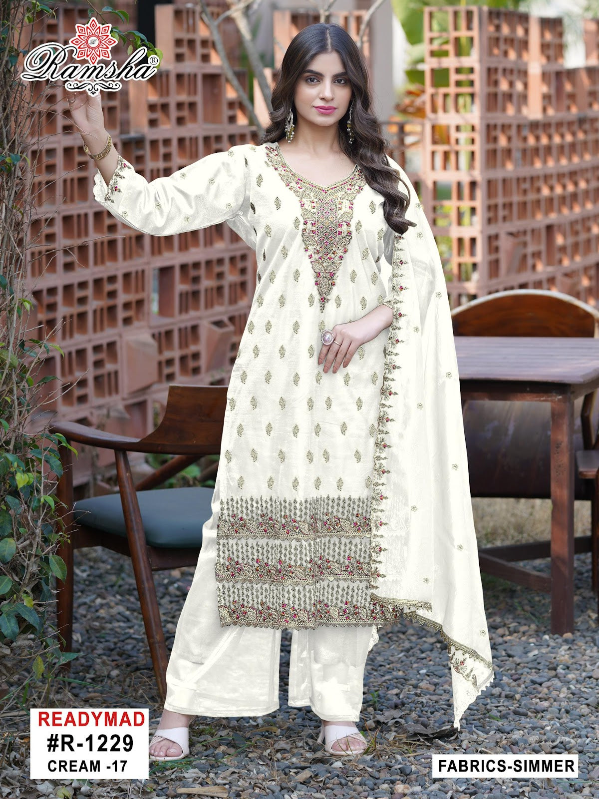 R 1229 Cream-Black Ramsha Simmer Pakistani Readymade Suits Supplier Gujarat