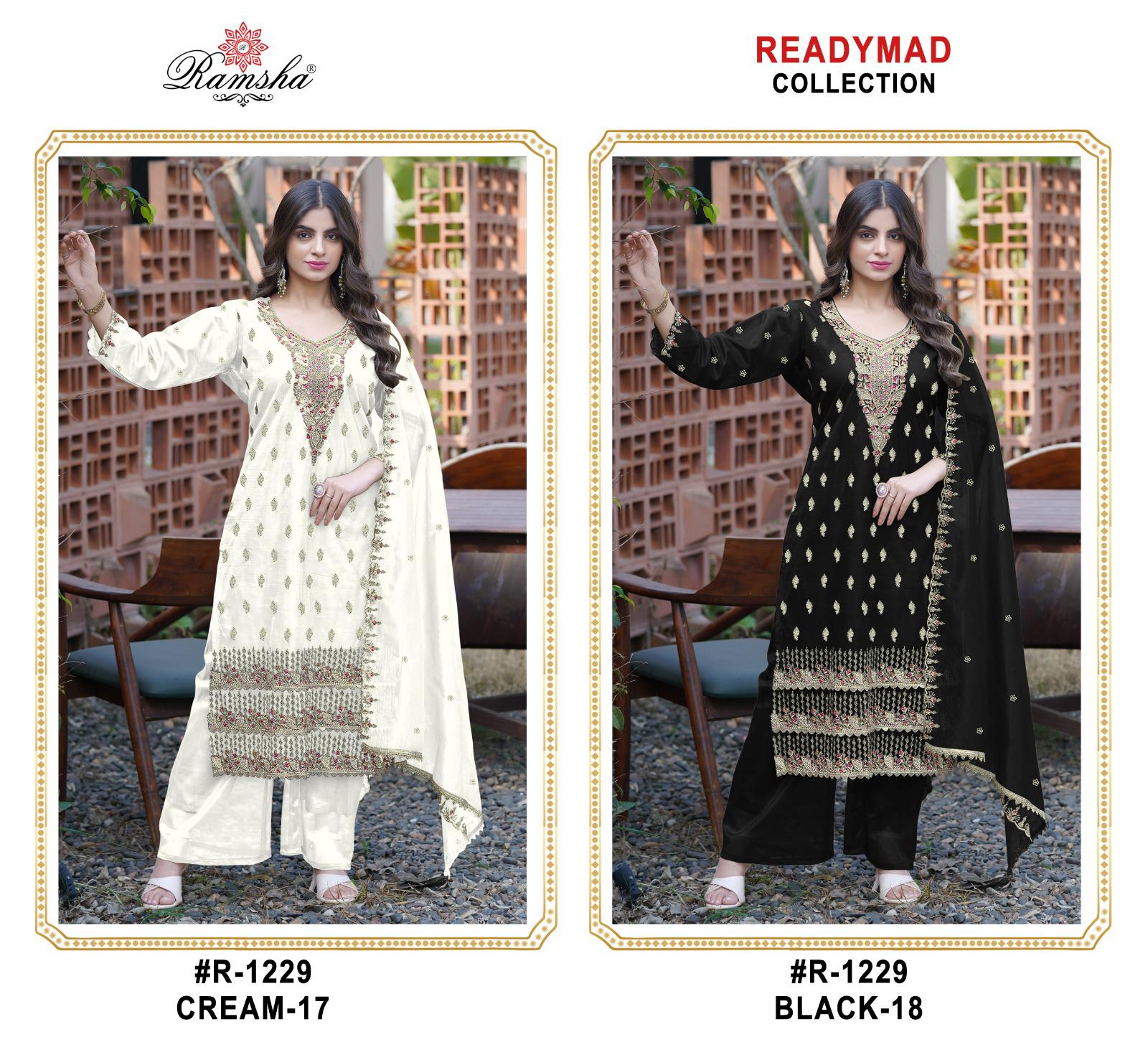 R 1229 Cream-Black Ramsha Simmer Pakistani Readymade Suits Supplier Gujarat