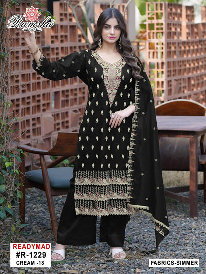 R 1229 Cream-Black Ramsha Simmer Pakistani Readymade Suits Supplier Gujarat