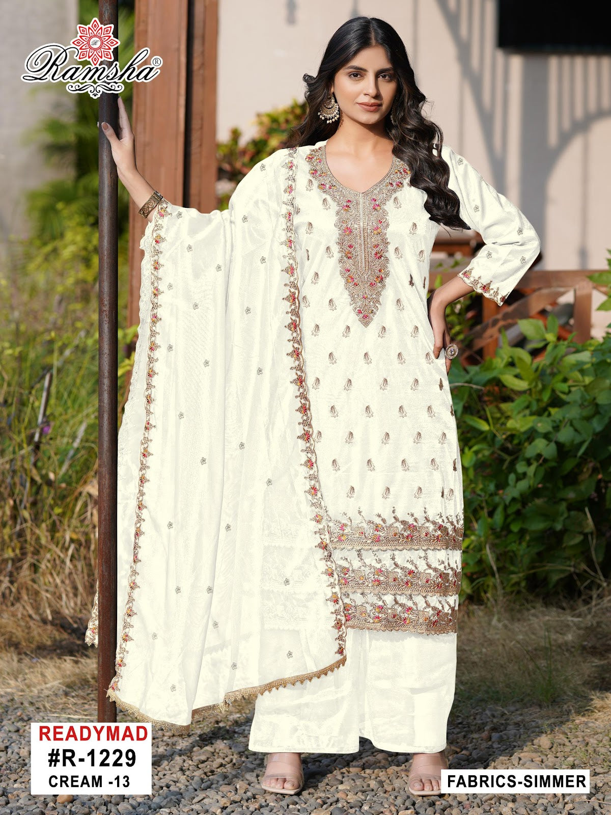 R 1229 Cream-Black Ramsha Simmer Pakistani Readymade Suits Supplier Gujarat