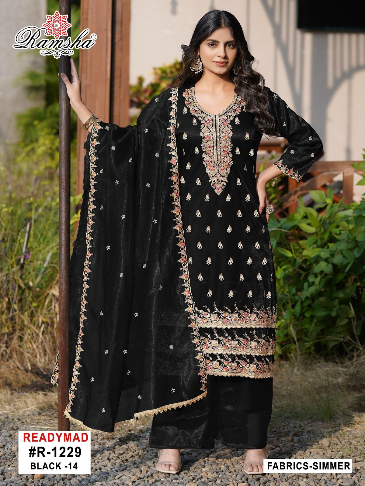 R 1229 Cream-Black Ramsha Simmer Pakistani Readymade Suits Supplier Gujarat