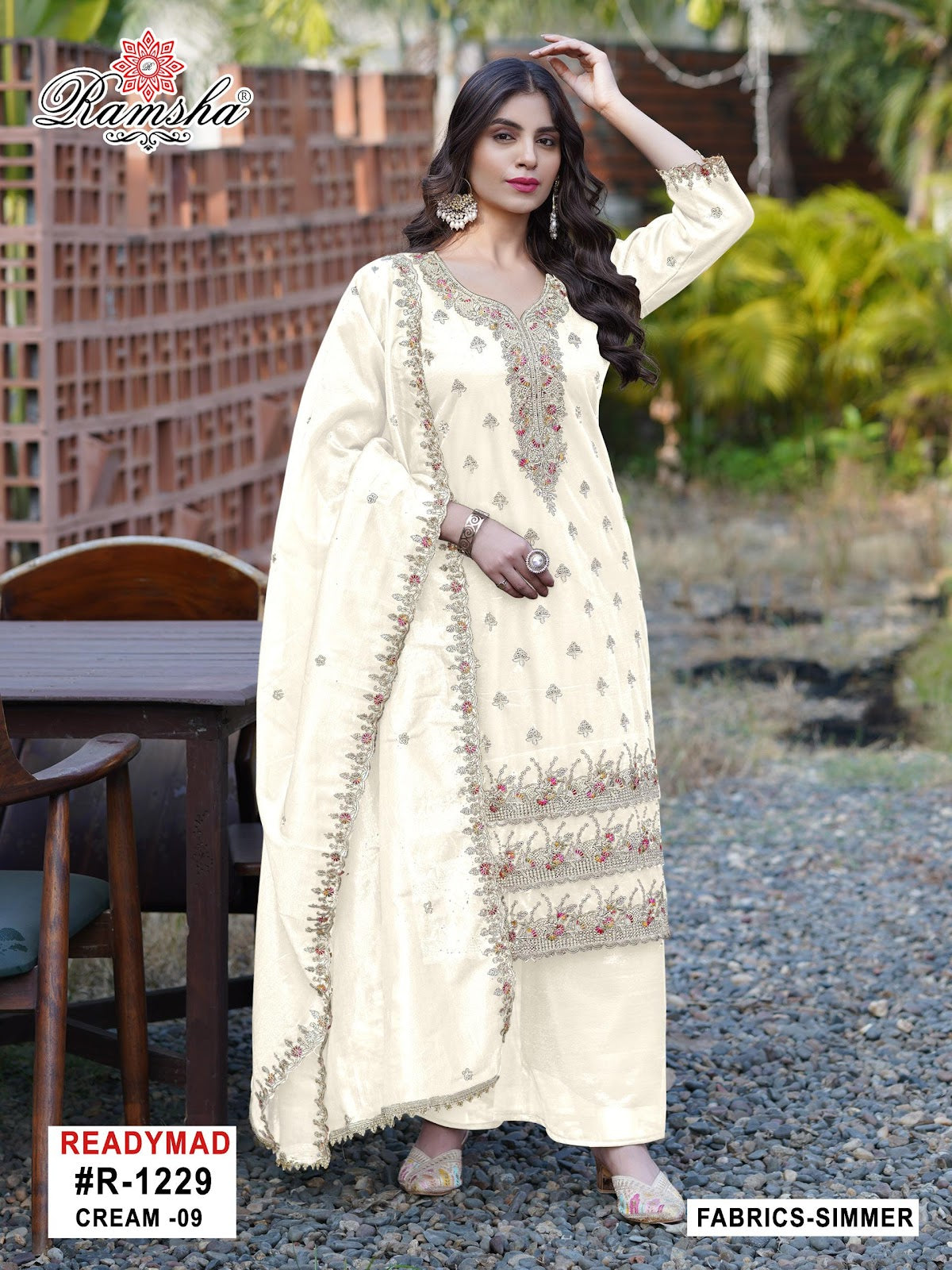 R 1229 Cream-Black Ramsha Simmer Pakistani Readymade Suits Supplier Gujarat