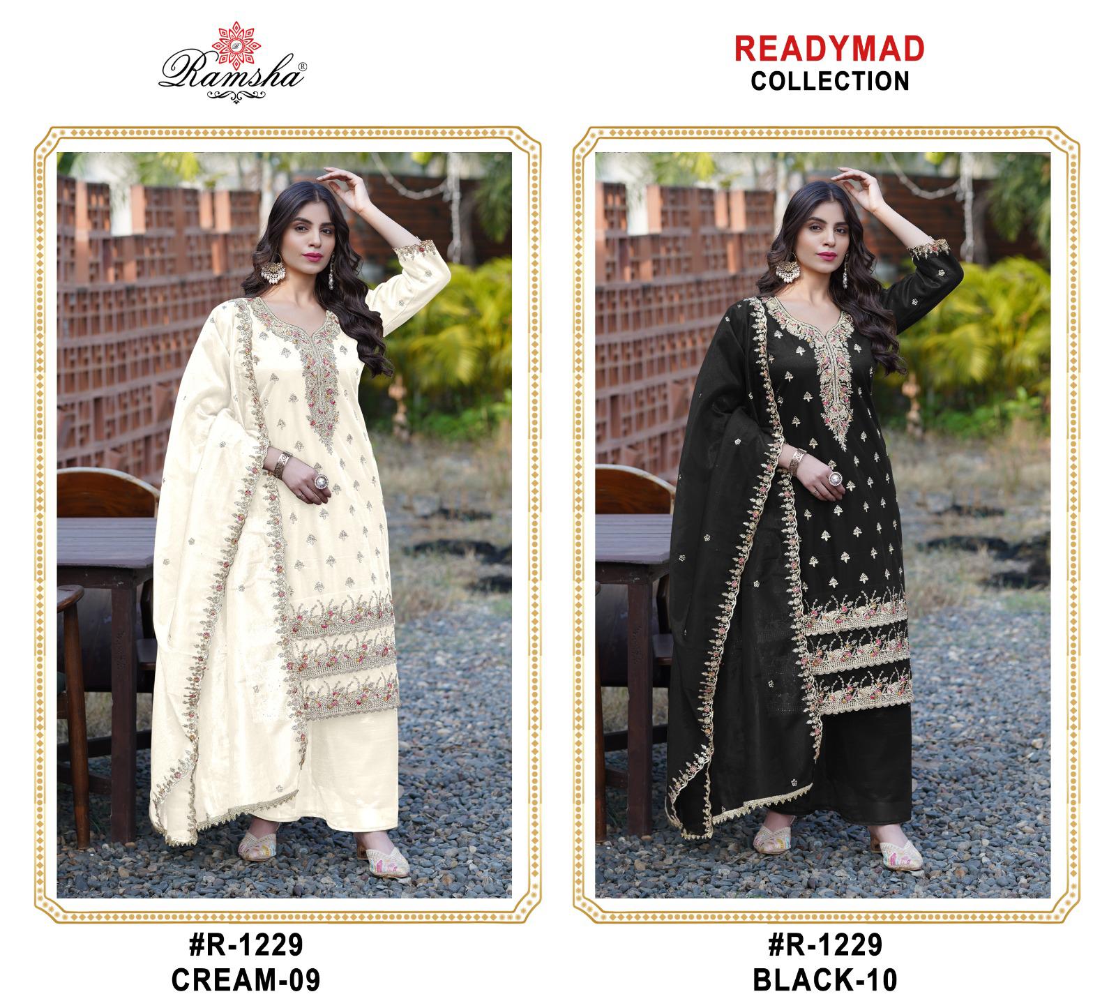 R 1229 Cream-Black Ramsha Simmer Pakistani Readymade Suits Supplier Gujarat