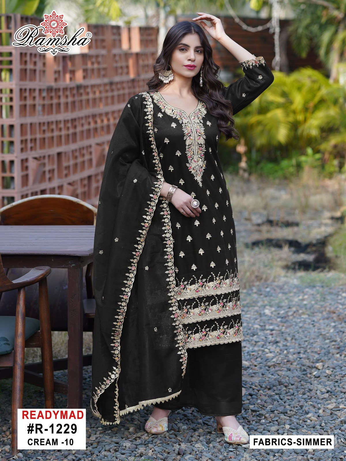R 1229 Cream-Black Ramsha Simmer Pakistani Readymade Suits Supplier Gujarat