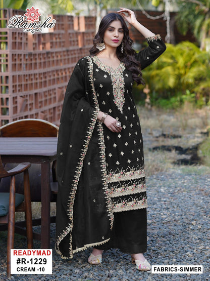 R 1229 Cream-Black Ramsha Simmer Pakistani Readymade Suits Supplier Gujarat