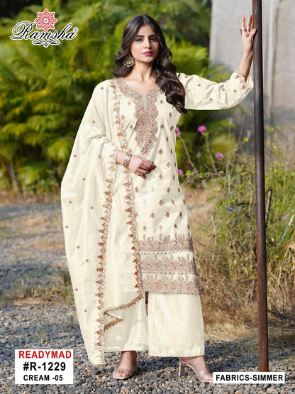 R 1229 Cream-Black Ramsha Simmer Pakistani Readymade Suits Supplier Gujarat