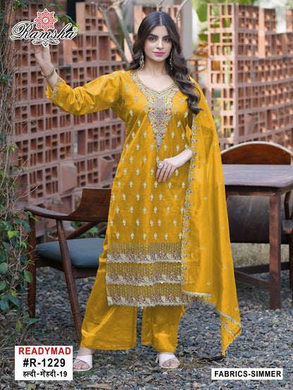 R 1229 Haldi-Mehendi Ramsha Simmer Pakistani Readymade Suits Wholesale Price