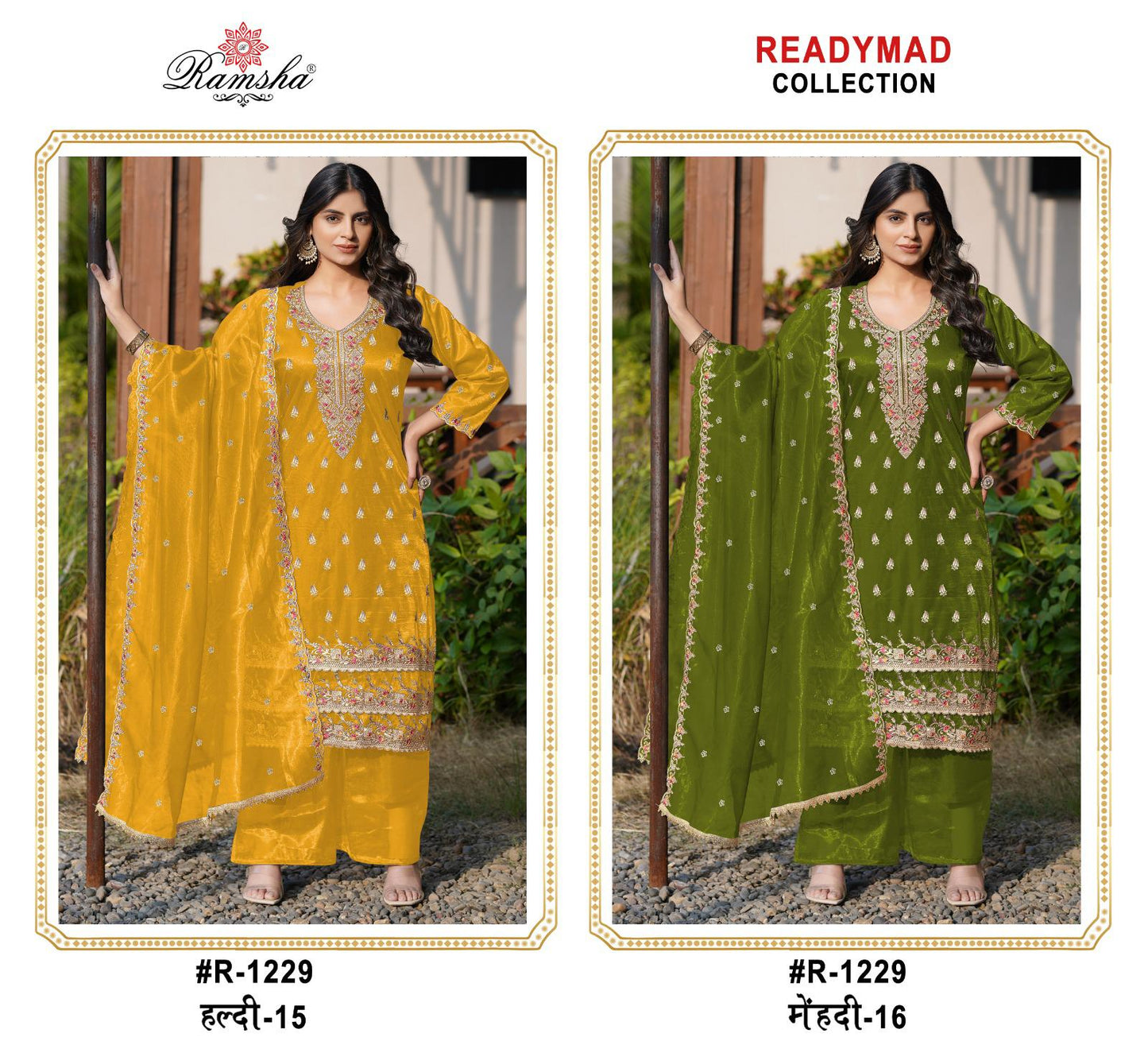 R 1229 Haldi-Mehendi Ramsha Simmer Pakistani Readymade Suits Wholesale Price