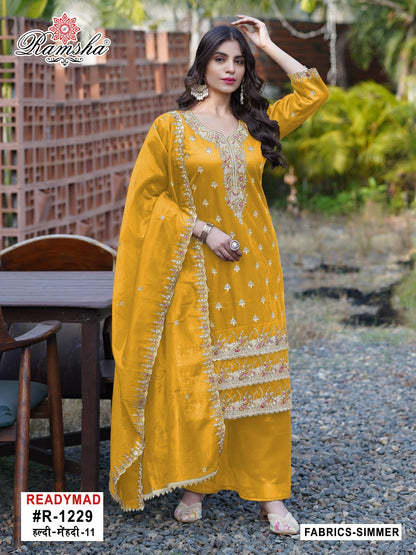 R 1229 Haldi-Mehendi Ramsha Simmer Pakistani Readymade Suits Wholesale Price